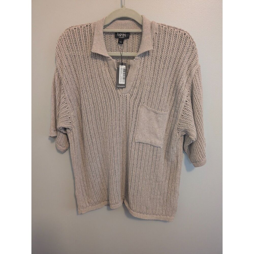 boohooMan Men's Oversized Boxy Open Stitch Knit Polo Shirt Taupe NWT Size L